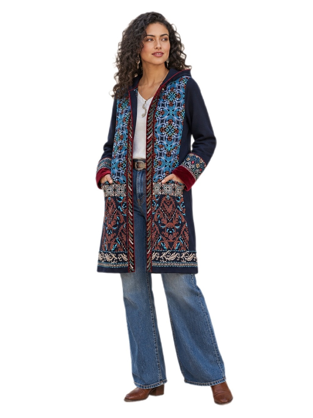 Soft Surroundings Hooded Embroidered Beaded Open Front Long Cardigan M Boho